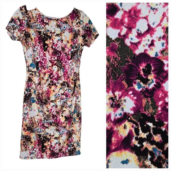 PINKBLUSH Maternity Bold Floral Fitted Bodycon Midi Dress Jacquard Knit Stretchy - Picture 1 of 10